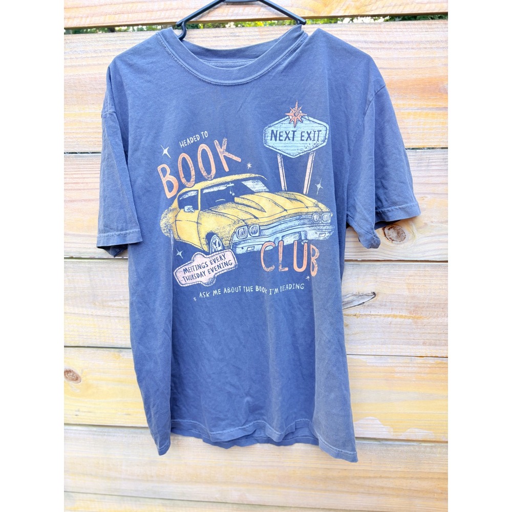 Comfort Colors Book Club Graphic T-Shirt Blue Mens Large Retro Muscle Car Tee